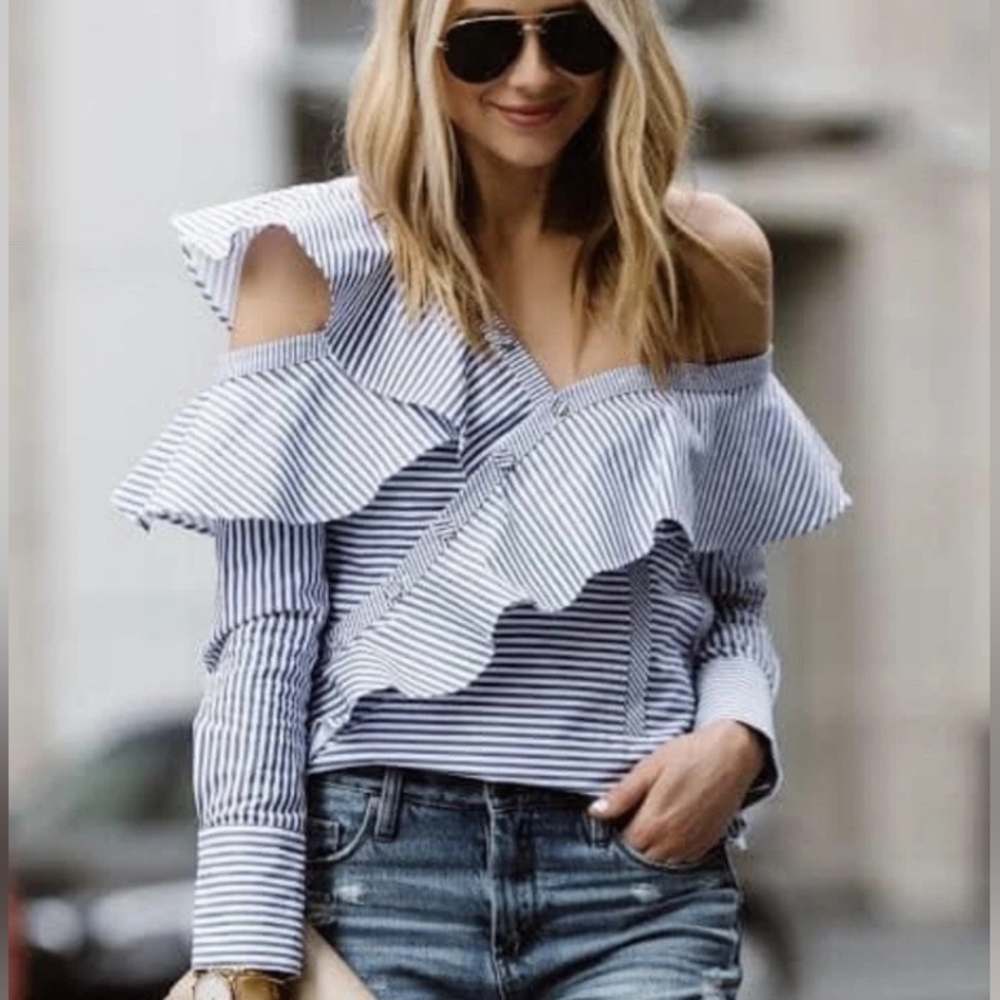New Self-Portrait Cotton Blue + White Striped Ruffle Blouse 4